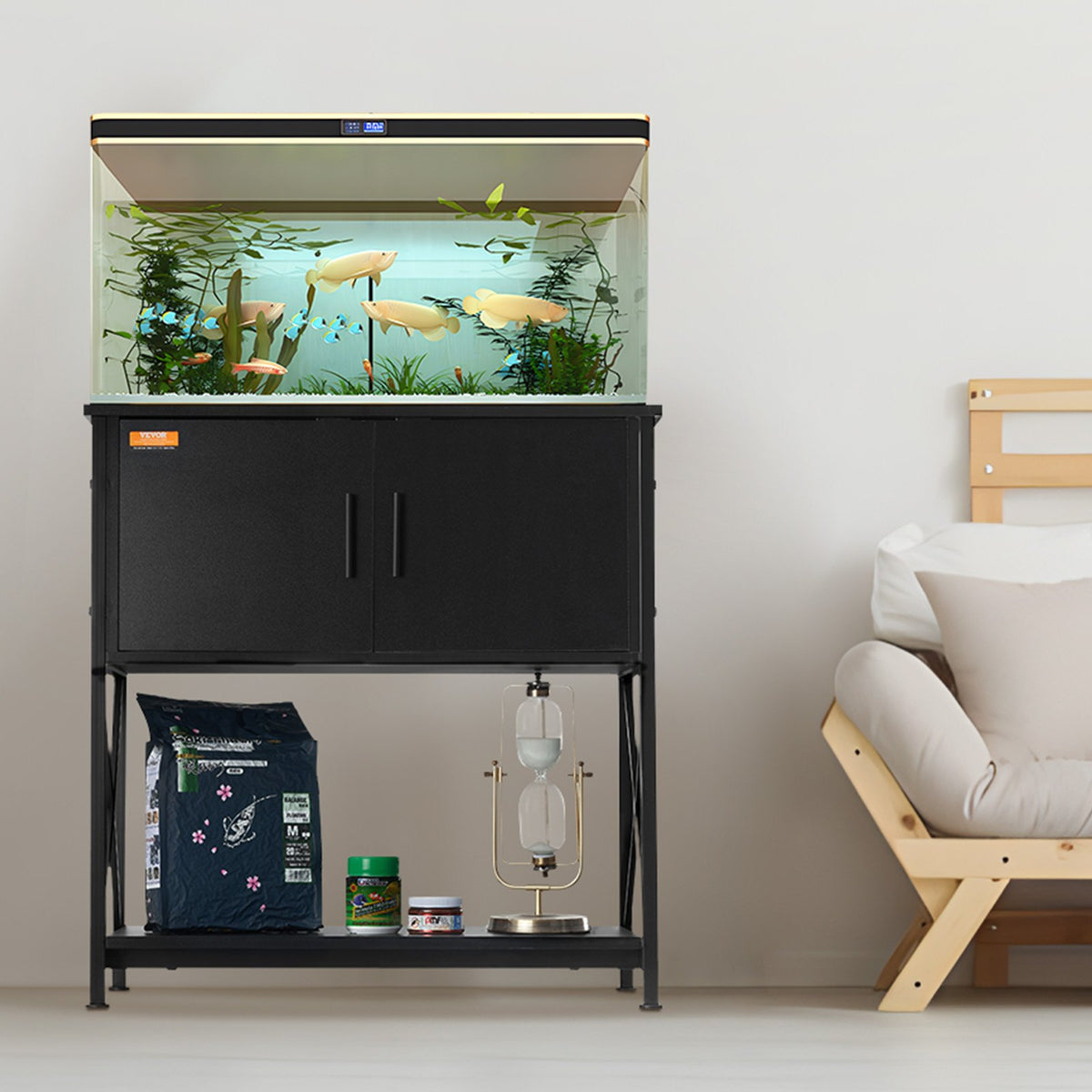 VEVOR akvārija statīvs ar skapīti un elektrobloku, tērauds un MDF, 110 l, līdz 110 kg, melns