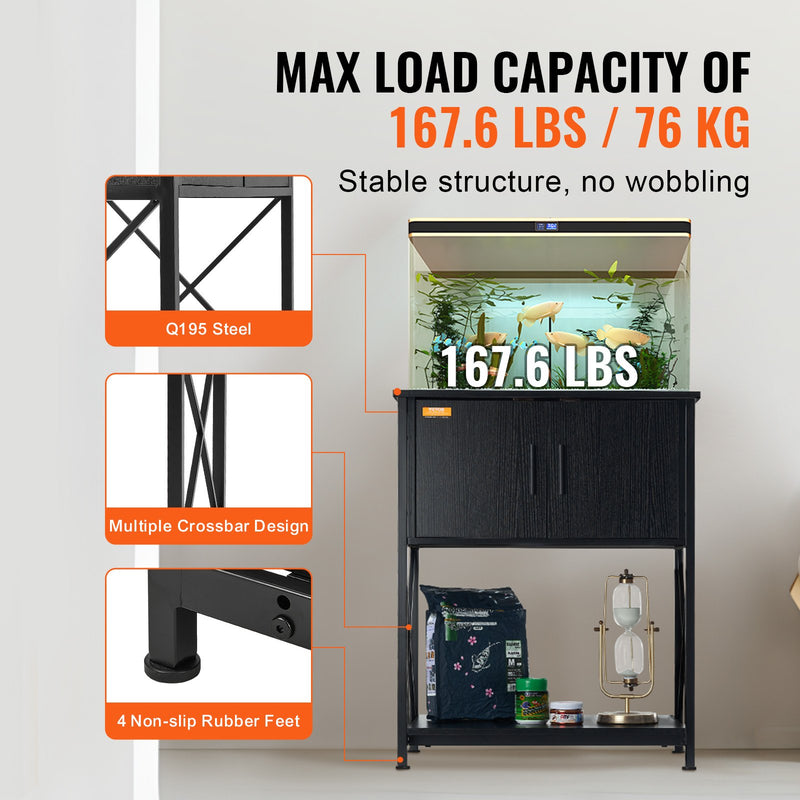 VEVOR 75 litru akvārija statīvs ar skapīti un iebūvētu barošanas paneli, tērauds un MDF, melns