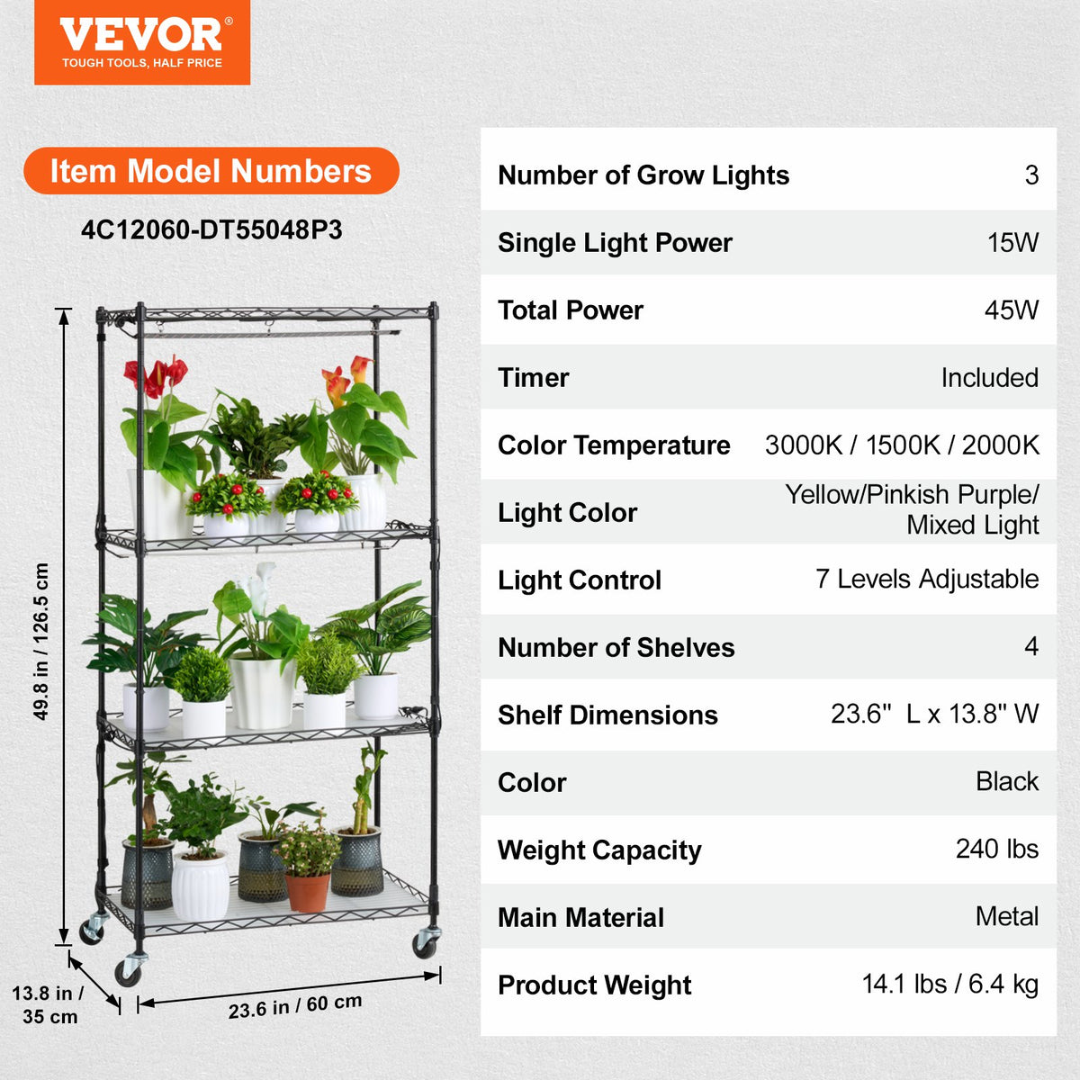 VEVOR Plant Stand with Grow Lights, 4 Tiers, 45W, 126.5 cm Height