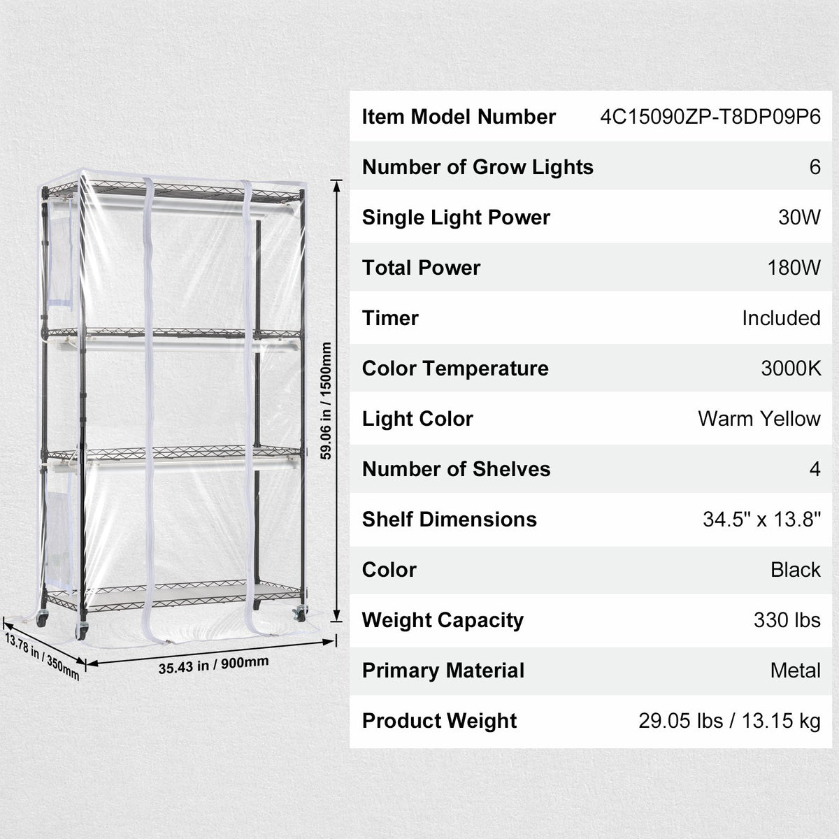 VEVOR Indoor Plant Growing Shelf with Grow Light, 4 Tiers, 180W, 150 cm