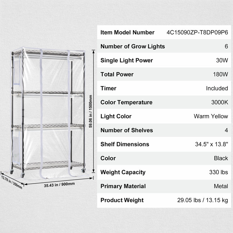 VEVOR Iekštelpu Augu Augšanas Plaukts ar Augšanas Gaismu, 4 Stāvi, 180W, 150 cm