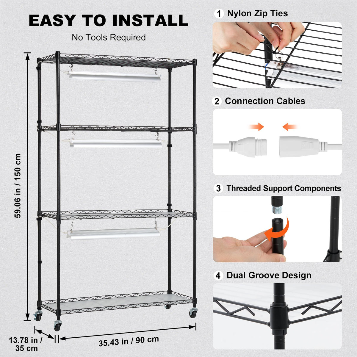 VEVOR Plant Stand with Grow Lights, 4 Tiers, 90W, 150 cm Height