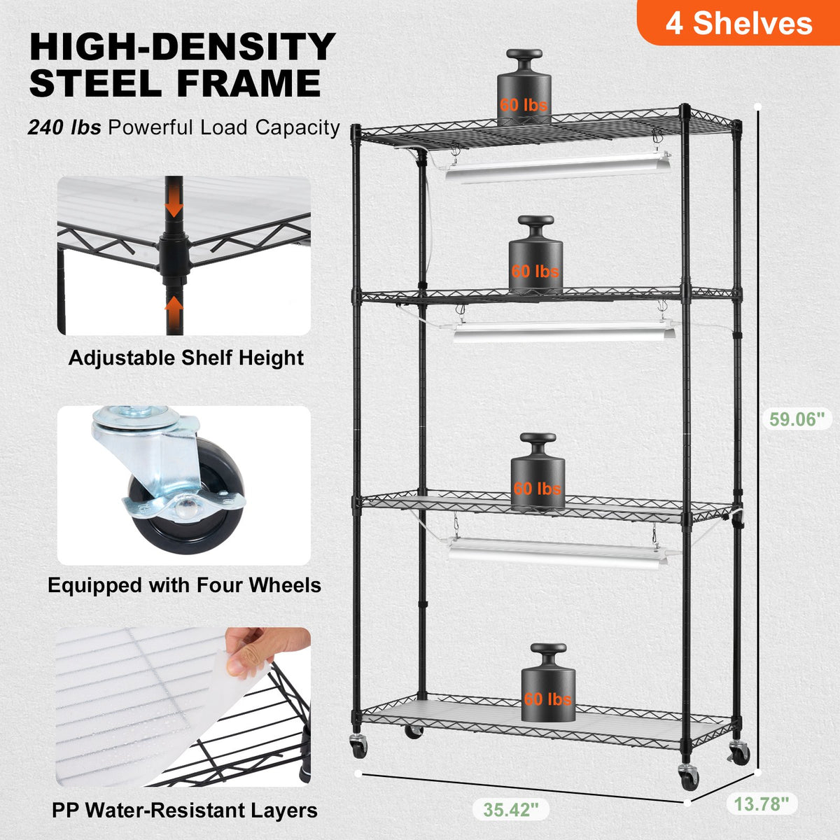 VEVOR Plant Stand with Grow Lights, 4 Tiers, 90W, 150 cm Height
