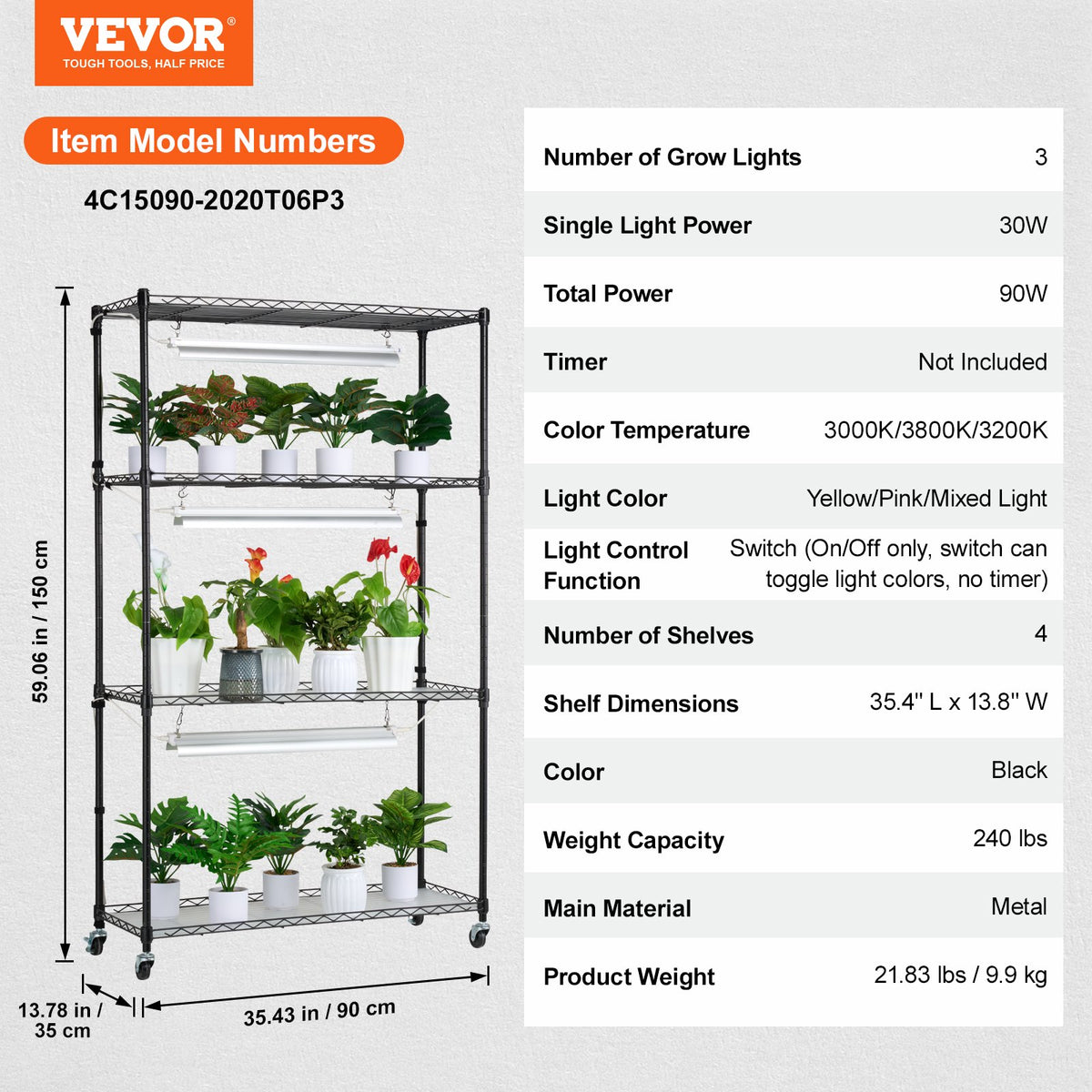 VEVOR Plant Stand with Grow Lights, 4 Tiers, 90W, 150 cm Height