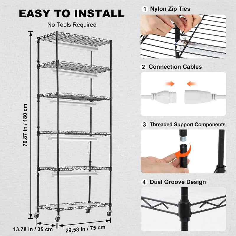 Augu statīvs ar augu lampām, 6 līmeņi, 150 W, 180 cm augsts augu audzēšanas plaukts