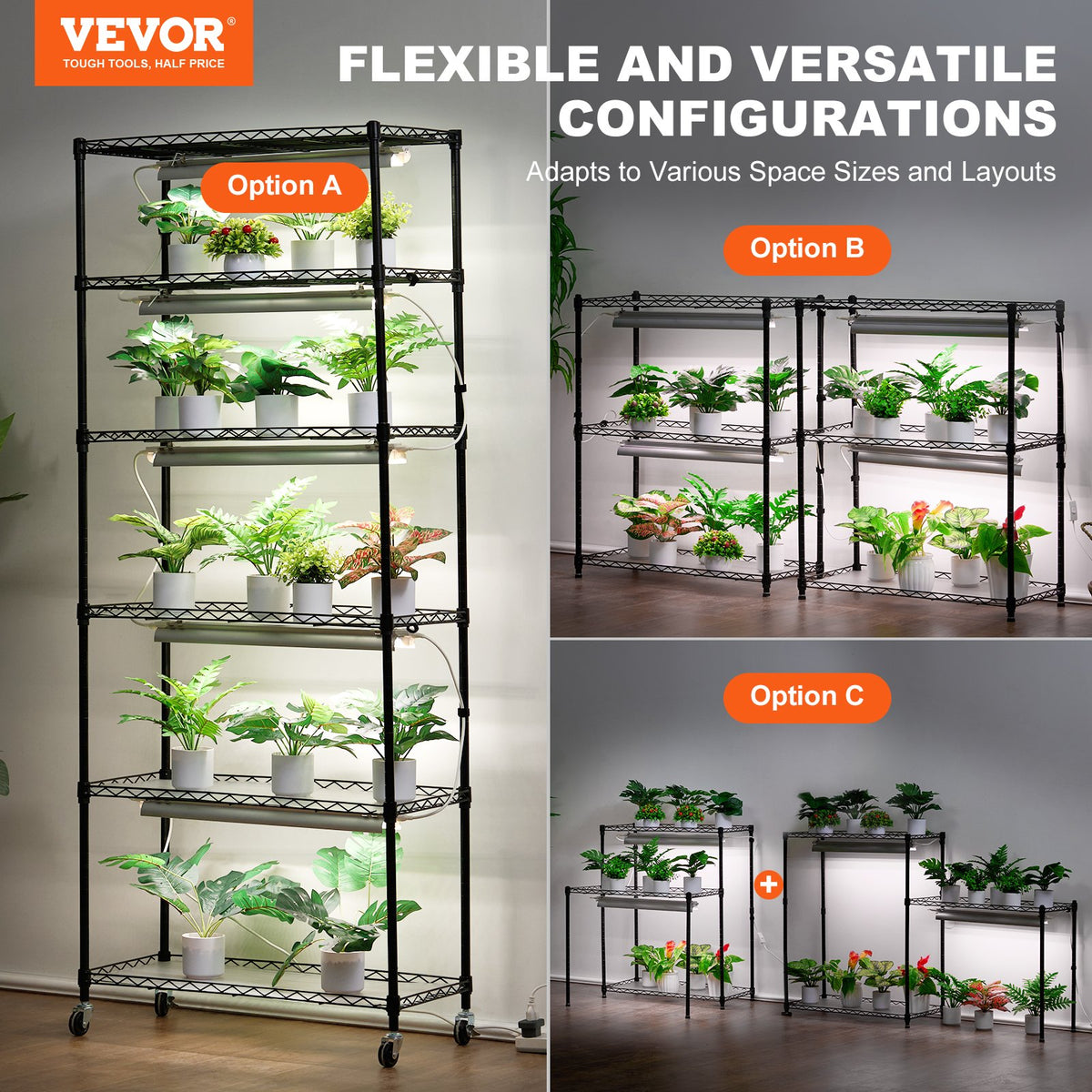 VEVOR Plant Stand with Grow Lights, 6 Tiers, 192W, 180 cm