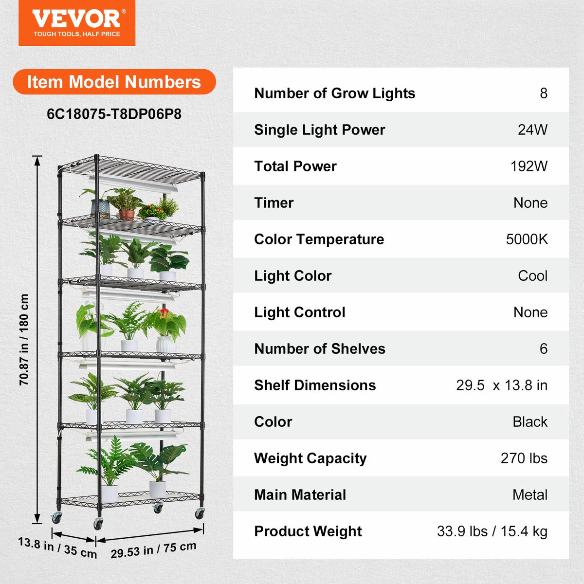 VEVOR Plant Stand with Grow Lights, 6 Tiers, 192W, 180 cm
