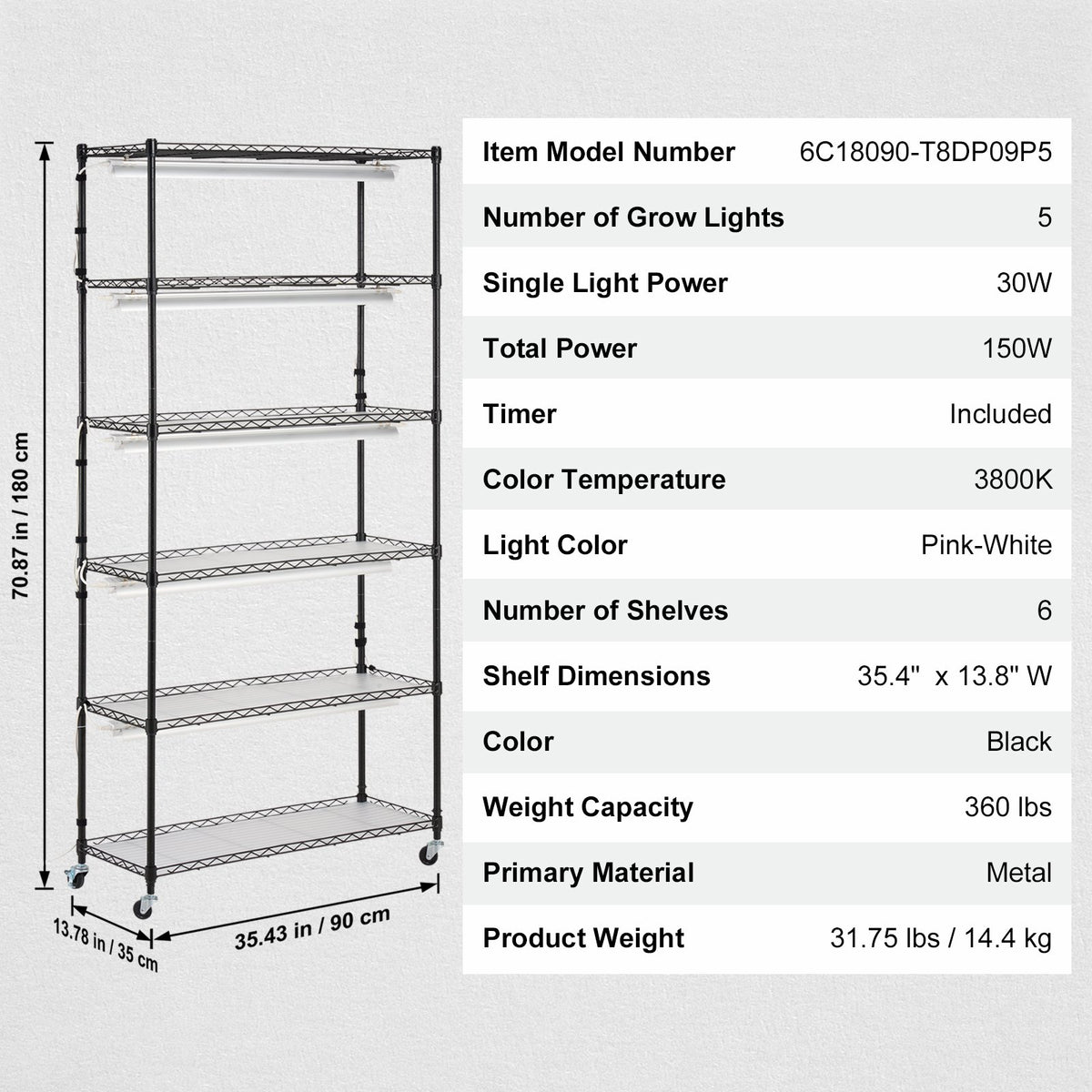 VEVOR Indoor Plant Growing Shelf with Grow Light, 6 Tiers, 180W, 180 cm