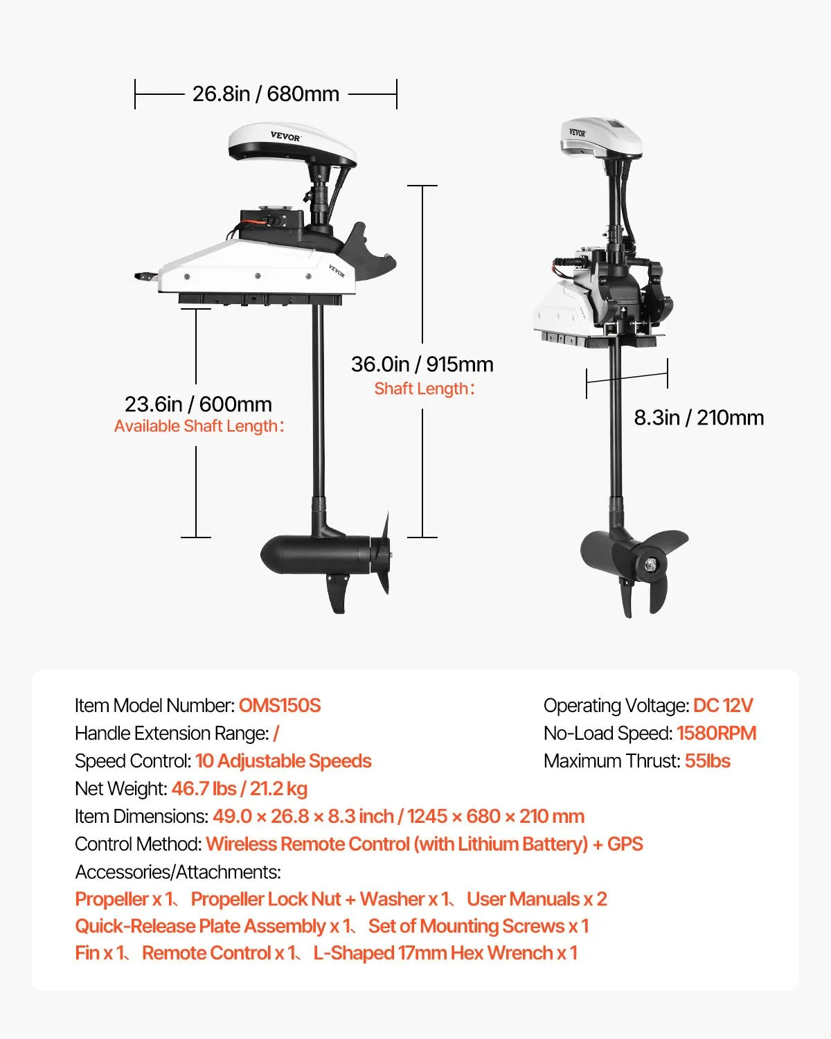 VEVOR Electric Trolling Motor for Boats, 55 lbs Thrust with GPS, 10 Speeds, Bow Mount Saltwater Use, Remote Control and LCD Battery Indicator, 914 mm Shaft Length