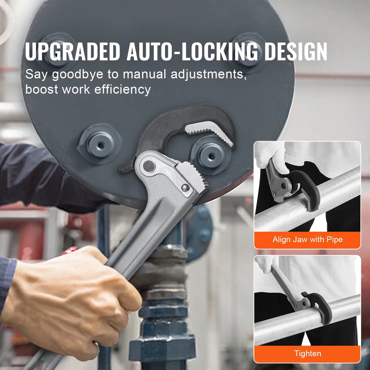 VEVOR Straight Pipe Wrench, 355 mm, Automatic Jaw Adjustment, Ergonomic Handle, Hanging Design, Suitable for Water Pipes and Auto Repair