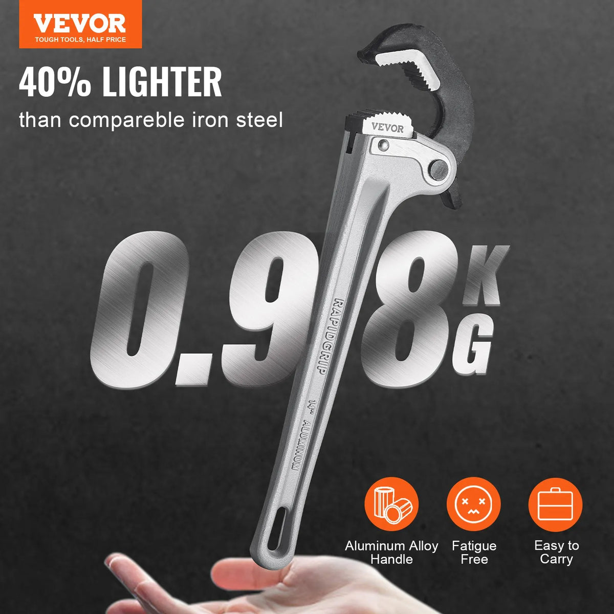 VEVOR Straight Pipe Wrench, 355 mm, Automatic Jaw Adjustment, Ergonomic Handle, Hanging Design, Suitable for Water Pipes and Auto Repair