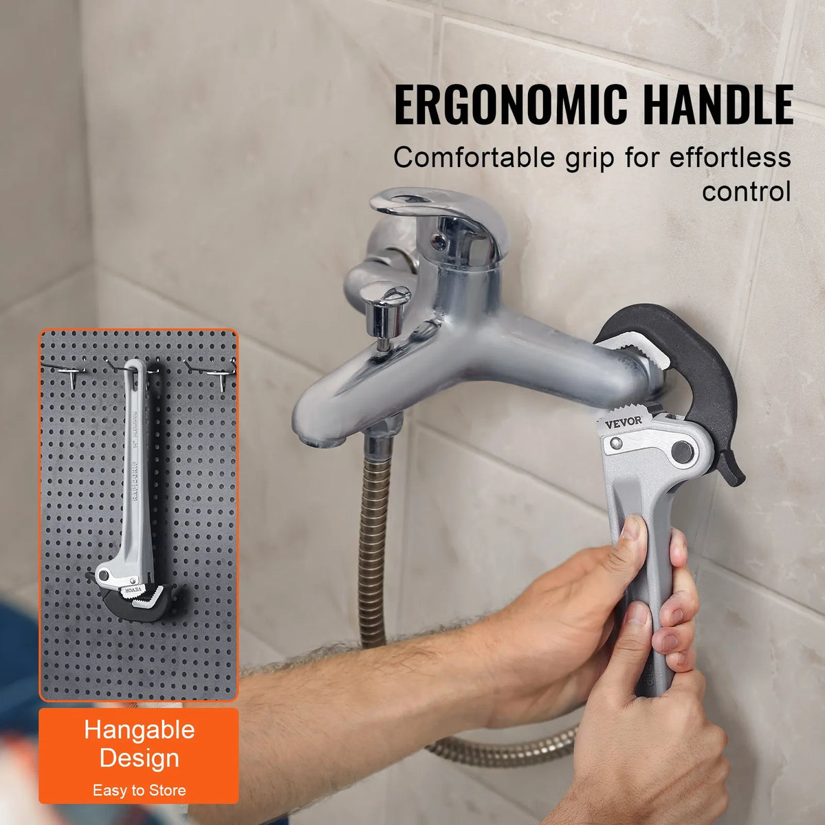 VEVOR Straight Pipe Wrench, 355 mm, Automatic Jaw Adjustment, Ergonomic Handle, Hanging Design, Suitable for Water Pipes and Auto Repair
