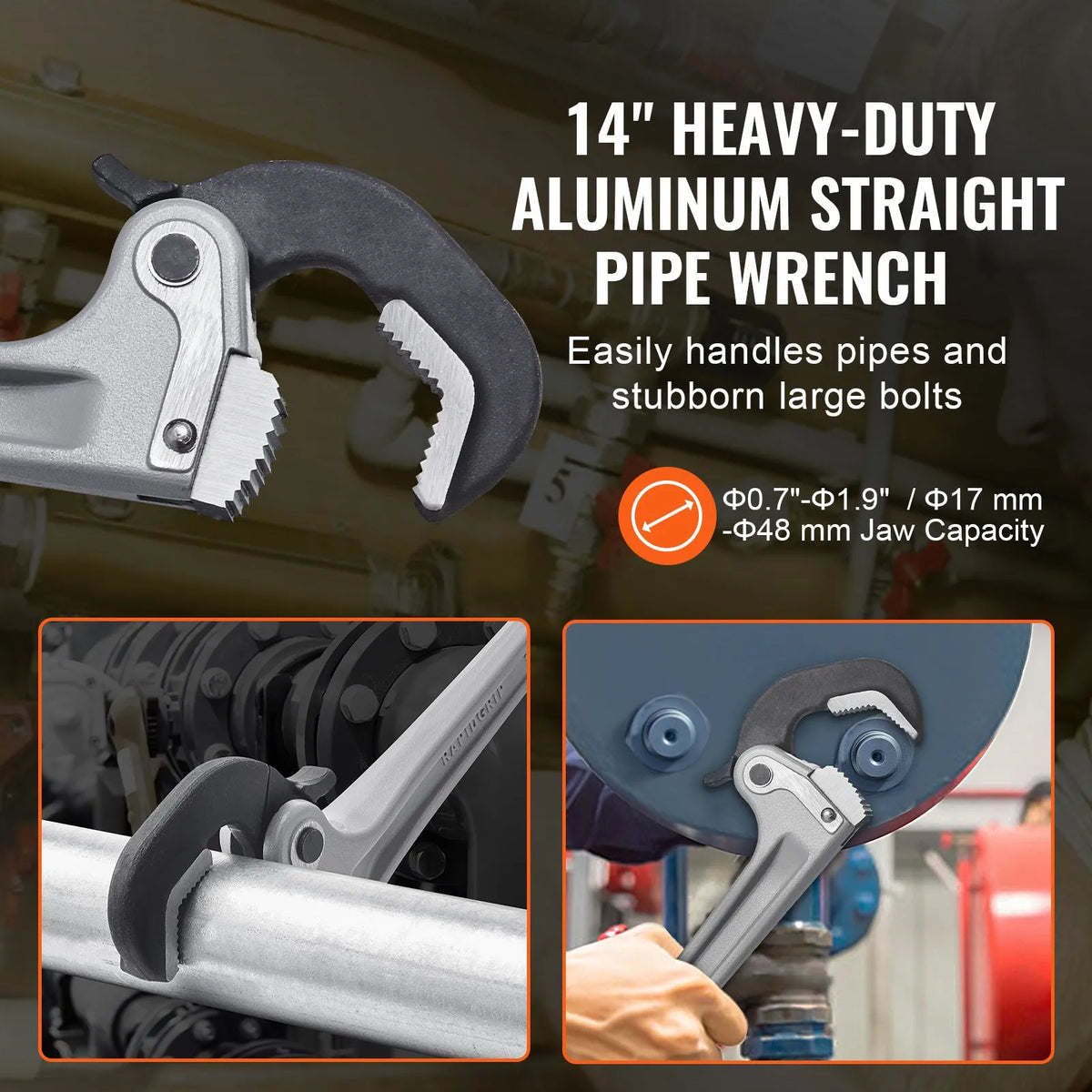 VEVOR Straight Pipe Wrench, 355 mm, Automatic Jaw Adjustment, Ergonomic Handle, Hanging Design, Suitable for Water Pipes and Auto Repair