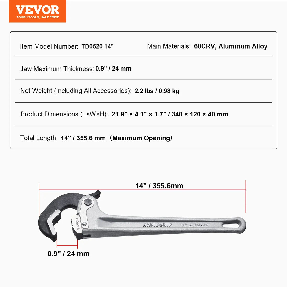 VEVOR Straight Pipe Wrench, 355 mm, Automatic Jaw Adjustment, Ergonomic Handle, Hanging Design, Suitable for Water Pipes and Auto Repair