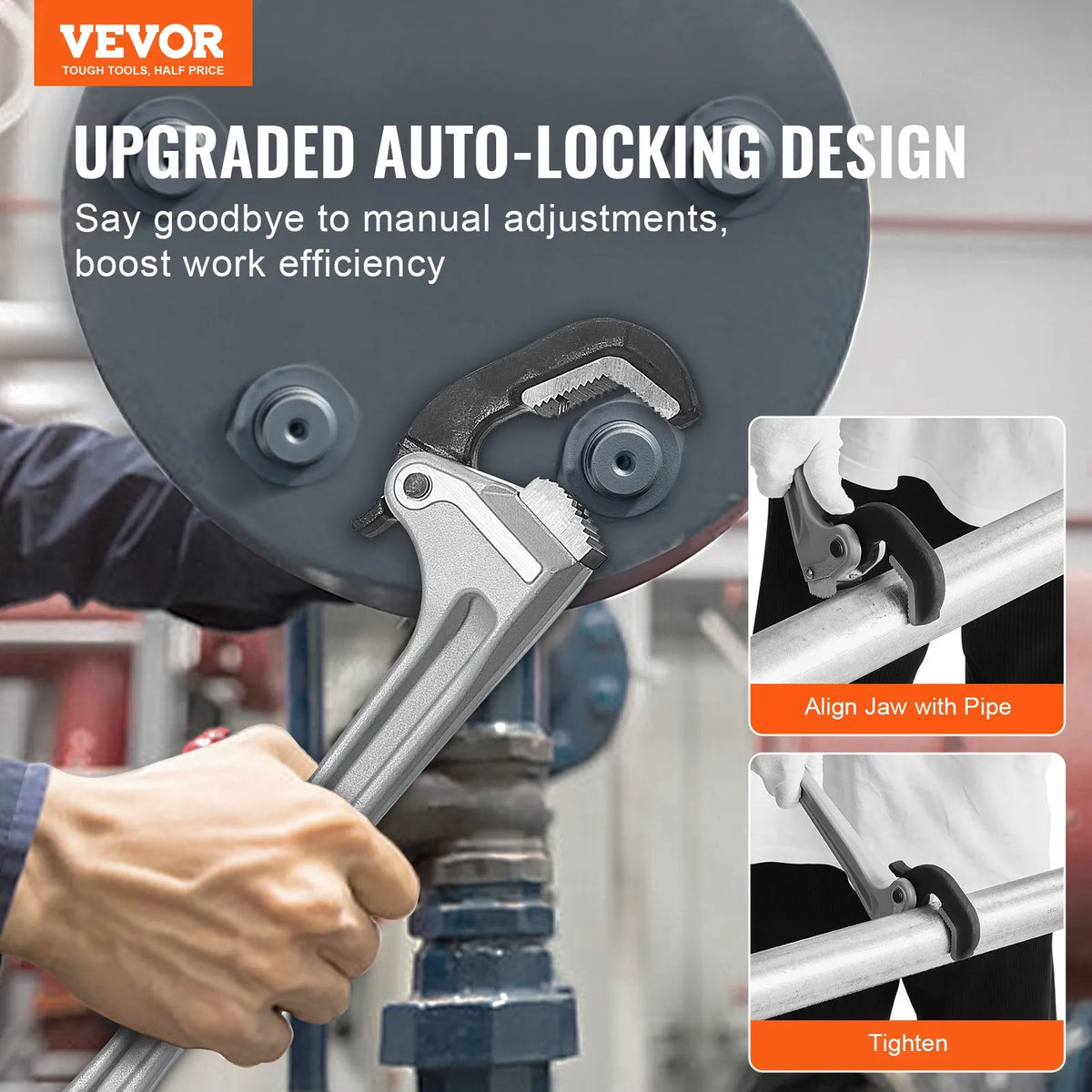 VEVOR Straight Pipe Wrench, 460 mm, with Automatic Jaw Adjustment, Ergonomic Handle and Hanging Design, Suitable for Water Pipes and Auto Repair