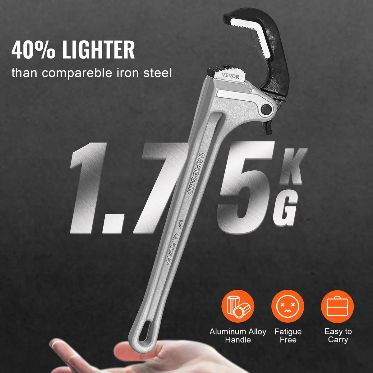 VEVOR Straight Pipe Wrench, 460 mm, with Automatic Jaw Adjustment, Ergonomic Handle and Hanging Design, Suitable for Water Pipes and Auto Repair