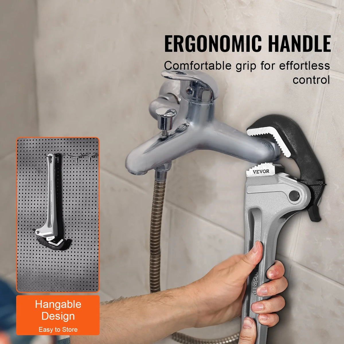 VEVOR Straight Pipe Wrench, 460 mm, with Automatic Jaw Adjustment, Ergonomic Handle and Hanging Design, Suitable for Water Pipes and Auto Repair