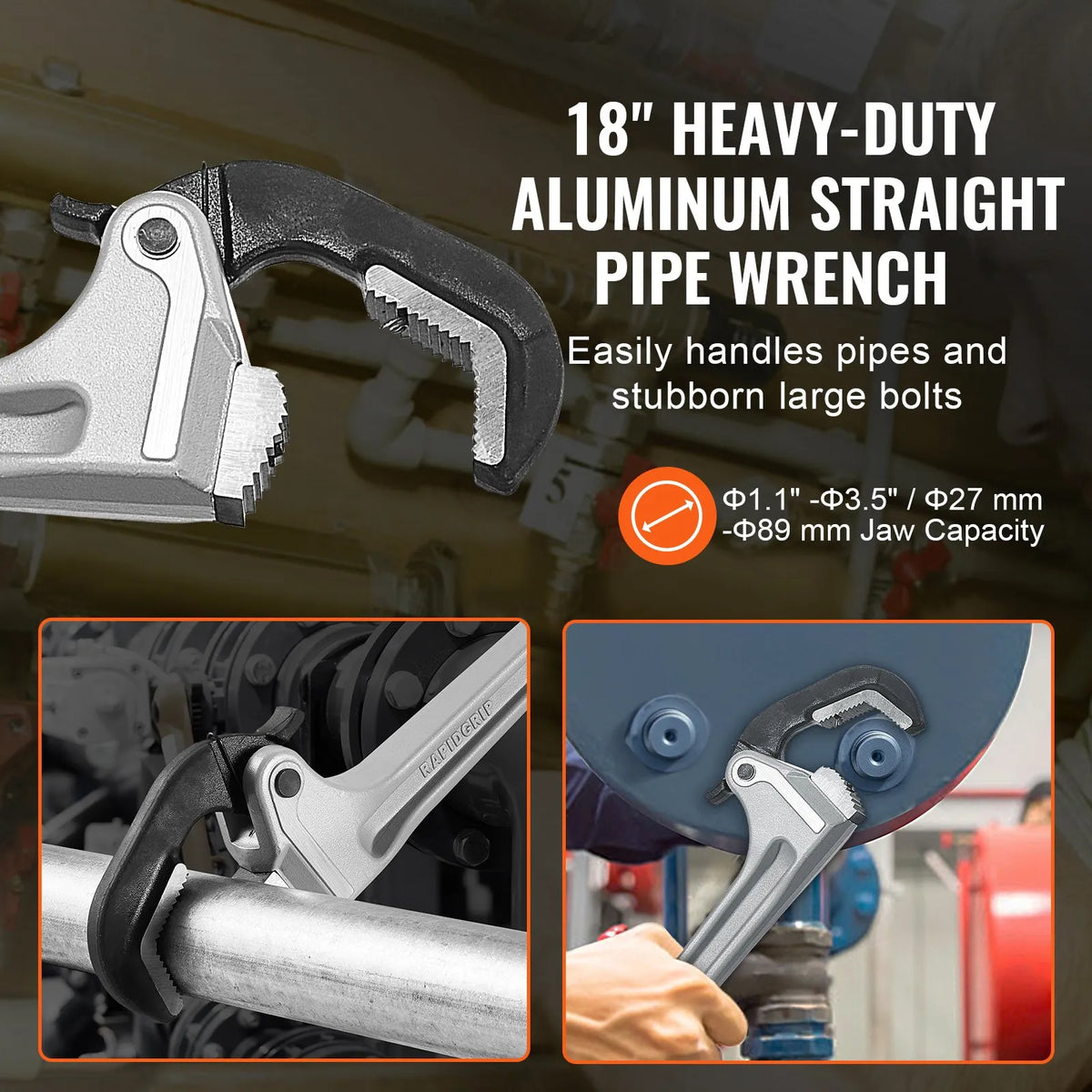 VEVOR Straight Pipe Wrench, 460 mm, with Automatic Jaw Adjustment, Ergonomic Handle and Hanging Design, Suitable for Water Pipes and Auto Repair