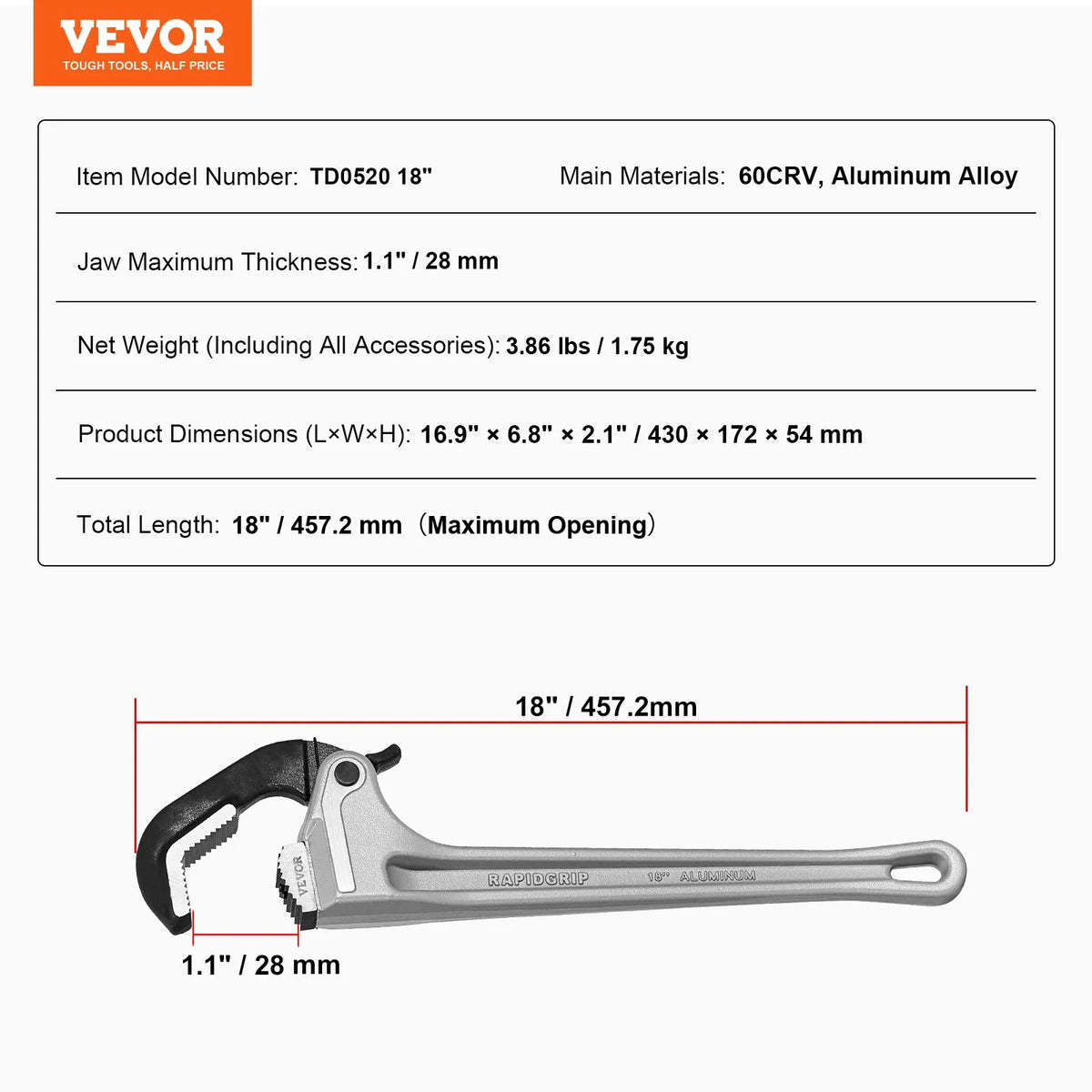 VEVOR Straight Pipe Wrench, 460 mm, with Automatic Jaw Adjustment, Ergonomic Handle and Hanging Design, Suitable for Water Pipes and Auto Repair