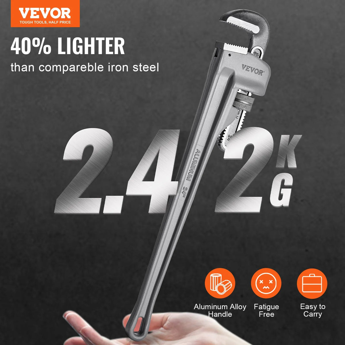 VEVOR Straight Pipe Wrench, 610 mm, Adjustable High-Strength Jaw, Ergonomic Handle, Hanging Design, Suitable for Water Pipes and Auto Repair
