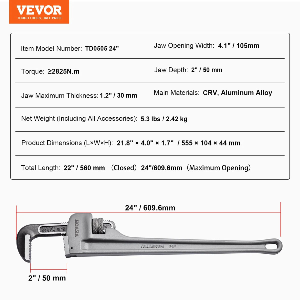 VEVOR Straight Pipe Wrench, 610 mm, Adjustable High-Strength Jaw, Ergonomic Handle, Hanging Design, Suitable for Water Pipes and Auto Repair