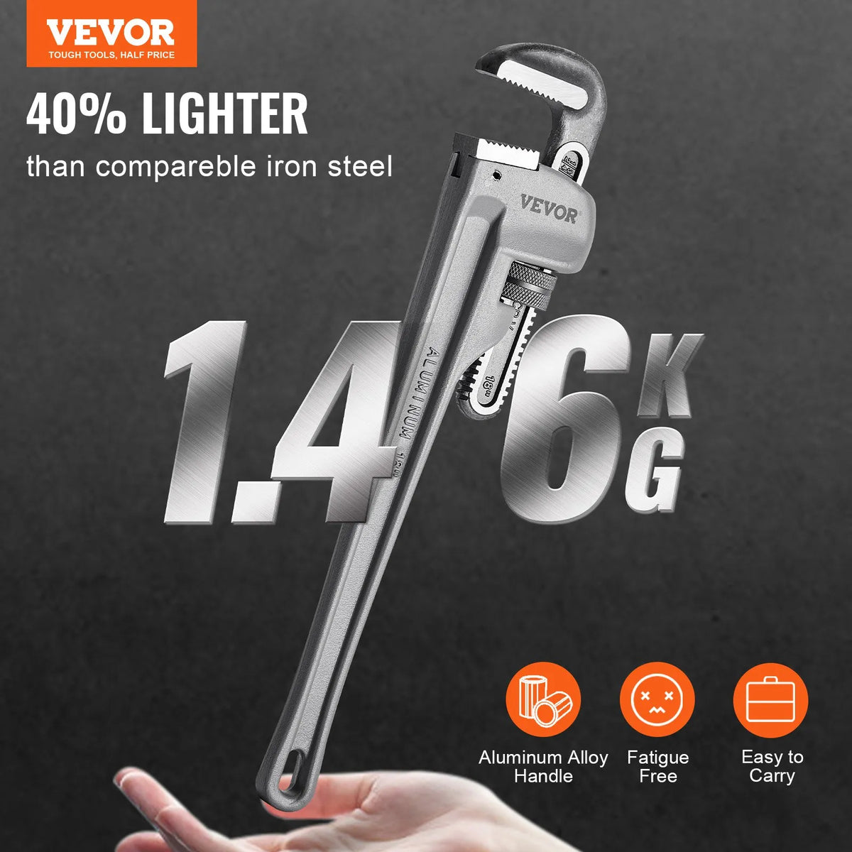 VEVOR Aluminium Straight Pipe Wrench 450 mm, Adjustable, CRV Jaws