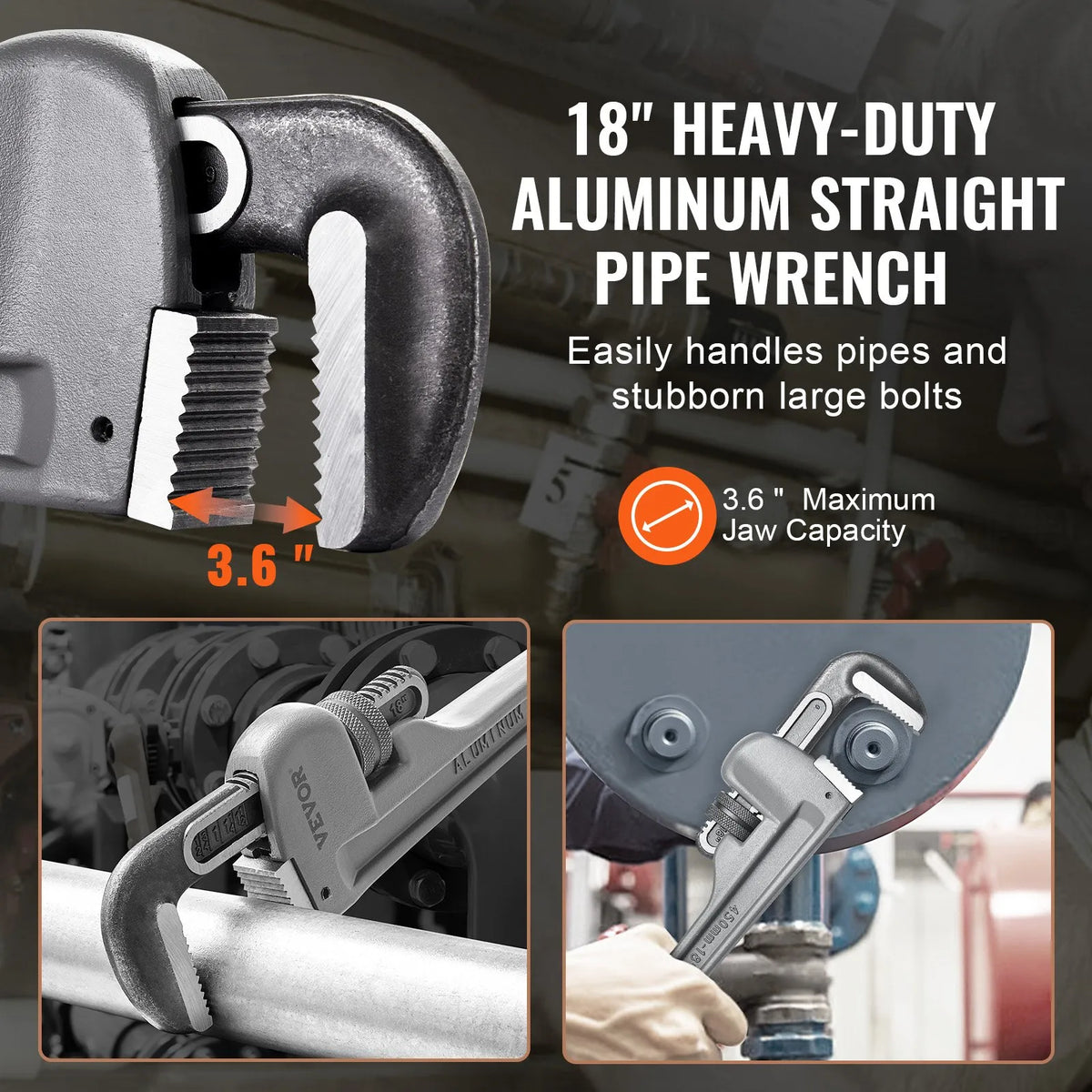 VEVOR Aluminium Straight Pipe Wrench 450 mm, Adjustable, CRV Jaws