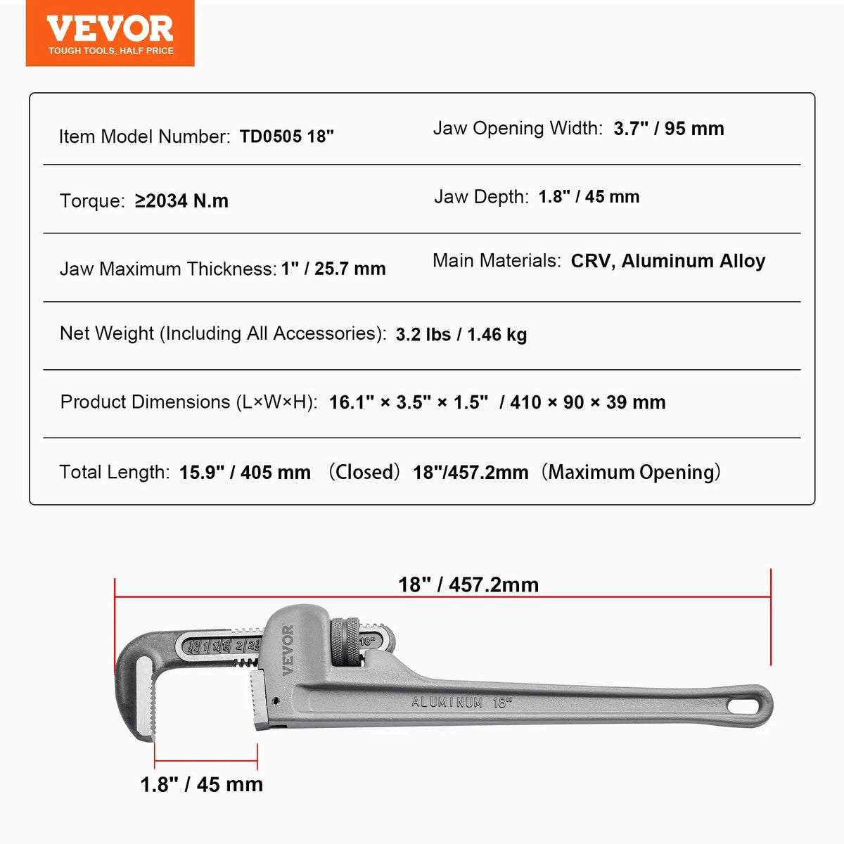 VEVOR Aluminium Straight Pipe Wrench 450 mm, Adjustable, CRV Jaws