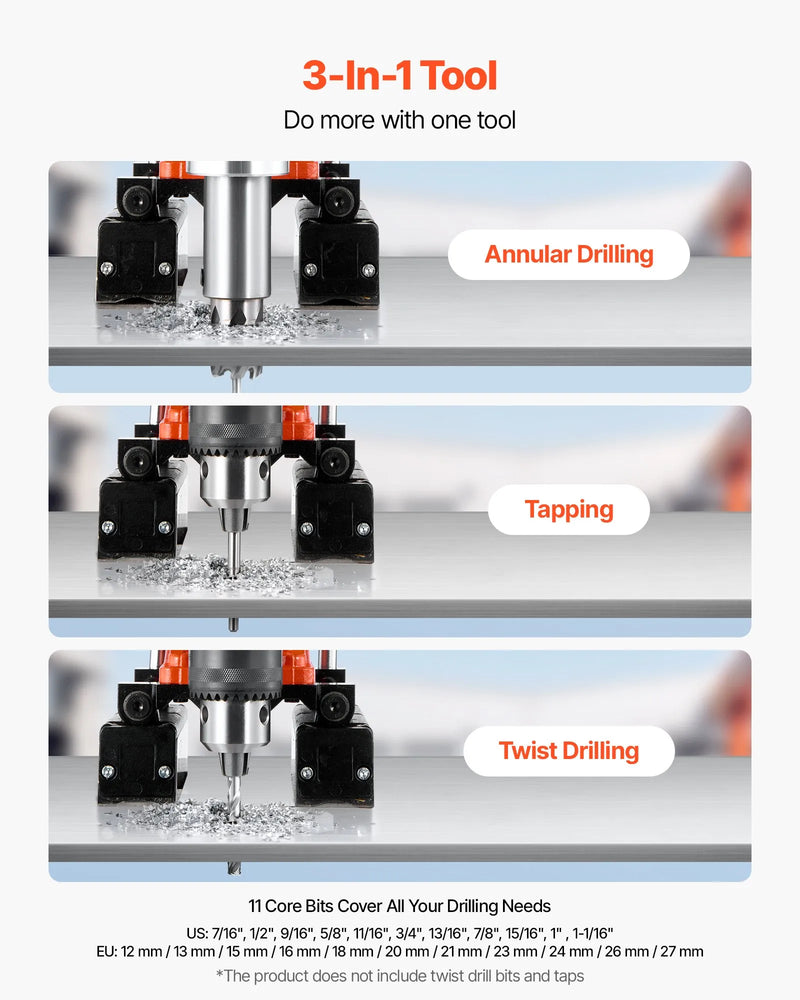 VEVOR magnētiskā urbjmašīna, 1400 W, 50 mm urbuma diametrs, 0–850 apgr./min. ātrums, reversā darbība, magnētiskā urbjmašīna ar 11 serdeņa urbjiem, elektriskā urbjmašīna rūpniecībai un mājas darbiem