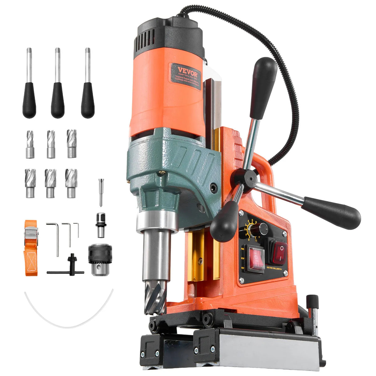 VEVOR Magnetic Drill Press, 1400 W, 50 mm Drilling Diameter, 0–850 RPM Speed, Reverse Function, Magnetic Drill with 6 Core Drills, Electric Drill for Industrial and Home Use