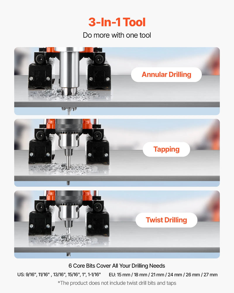 VEVOR magnētiskā urbmašīna, 1400 W, 50 mm urbuma diametrs, 0–850 apgr./min. ātrums, reversā darbība, magnētiskā urbjmašīna ar 6 serdeņa urbjiem, elektriskā urbjmašīna rūpniecībai un mājas darbiem
