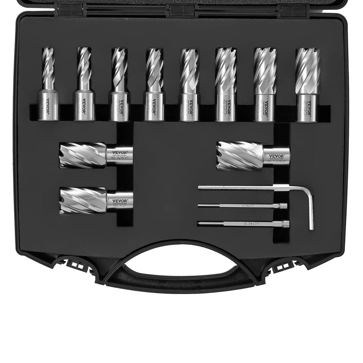 VEVOR Magnetic Drill Bit Set, 13 Pieces, Weldon Shank, Cutting Depth 25 mm, Cutting Diameter 11–27 mm, M2AL High-Speed Steel, 2 Pilot Pins, Hex Key and Carrying Case