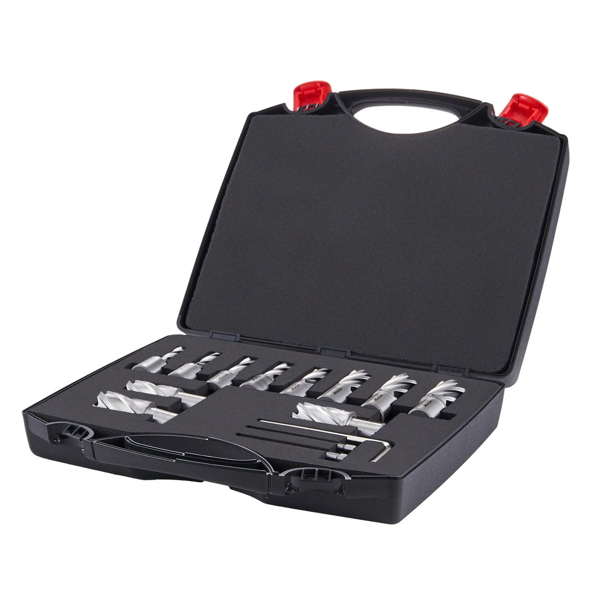VEVOR Magnetic Drill Bit Set, 13 Pieces, Weldon Shank, Cutting Depth 25 mm, Cutting Diameter 11–27 mm, M2AL High-Speed Steel, 2 Pilot Pins, Hex Key and Carrying Case