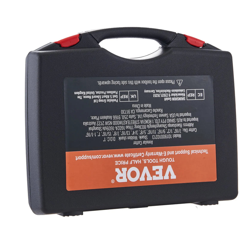 VEVOR gredzenurbju komplekts magnētiskajām urbjmašīnām, 13 gab., Weldon kāts, griešanas dziļums 25 mm, griešanas diametrs 11–27 mm, M2AL ātrgriezējtērauds, 2 pilotadatas, sešstūra atslēga un pārnēsājams koferis