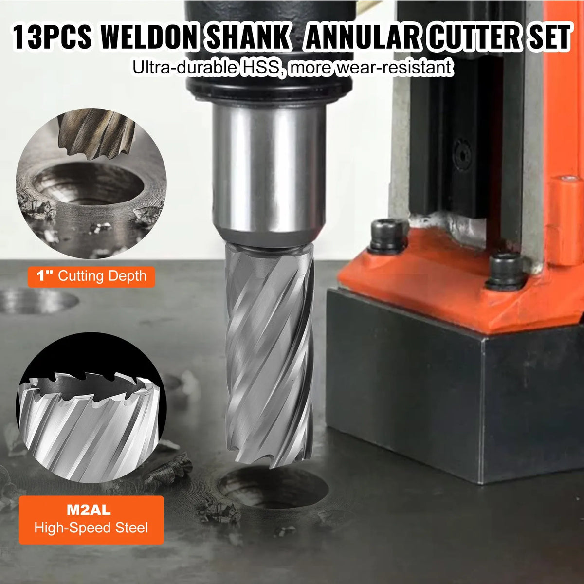 VEVOR Magnetic Drill Bit Set, 13 Pieces, Weldon Shank, Cutting Depth 25 mm, Cutting Diameter 11–27 mm, M2AL High-Speed Steel, 2 Pilot Pins, Hex Key and Carrying Case