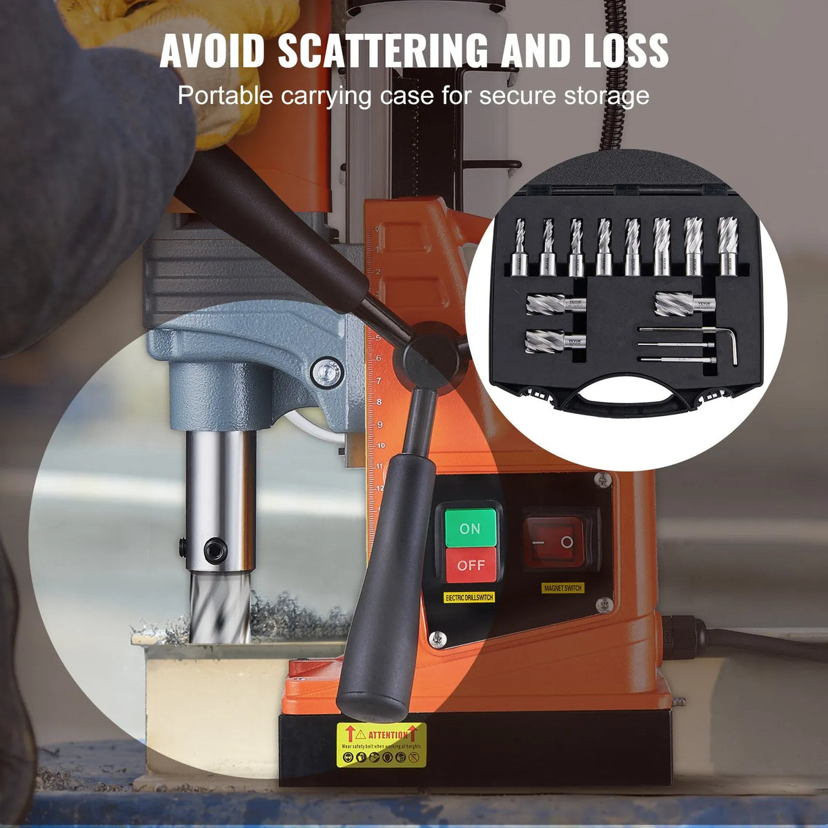 VEVOR Magnetic Drill Bit Set, 13 Pieces, Weldon Shank, Cutting Depth 25 mm, Cutting Diameter 11–27 mm, M2AL High-Speed Steel, 2 Pilot Pins, Hex Key and Carrying Case