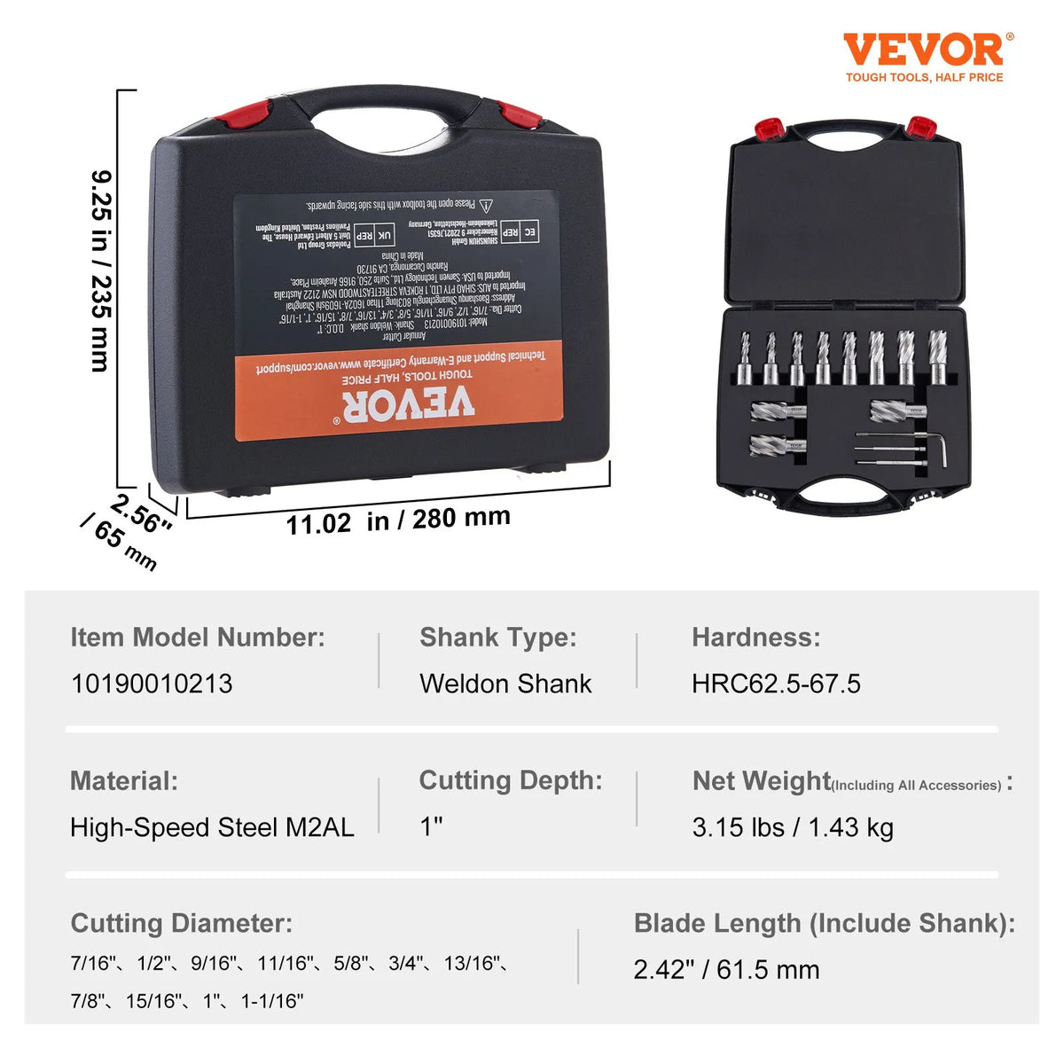 VEVOR Magnetic Drill Bit Set, 13 Pieces, Weldon Shank, Cutting Depth 25 mm, Cutting Diameter 11–27 mm, M2AL High-Speed Steel, 2 Pilot Pins, Hex Key and Carrying Case