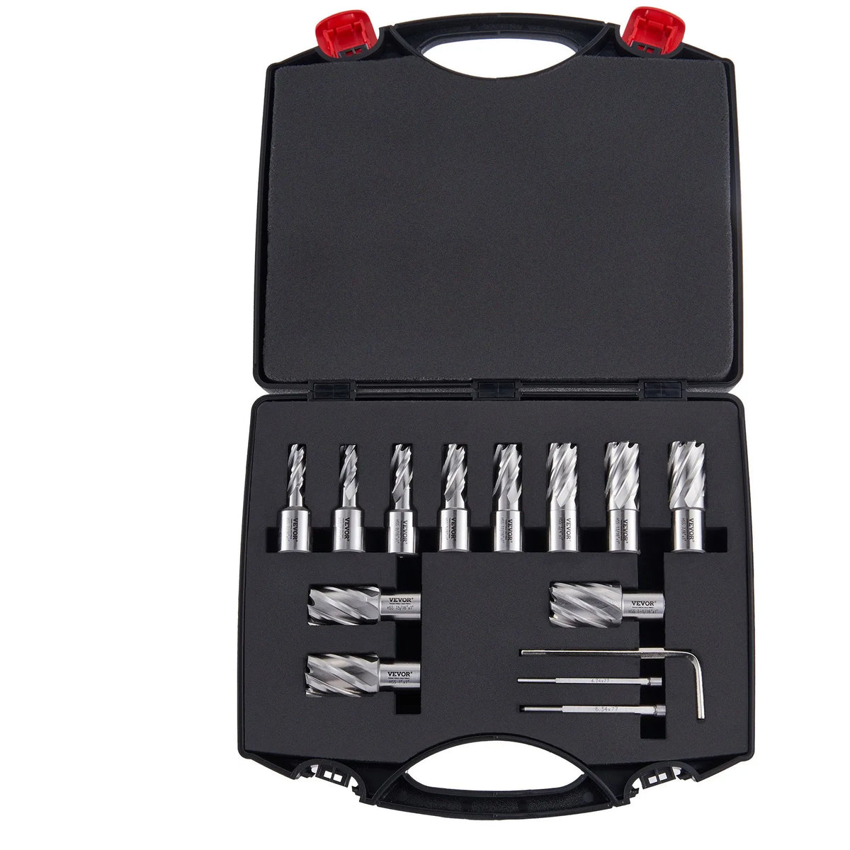 VEVOR Magnetic Drill Bit Set, 13 Pieces, Weldon Shank, Cutting Depth 25 mm, Cutting Diameter 11–27 mm, M2AL High-Speed Steel, 2 Pilot Pins, Hex Key and Carrying Case