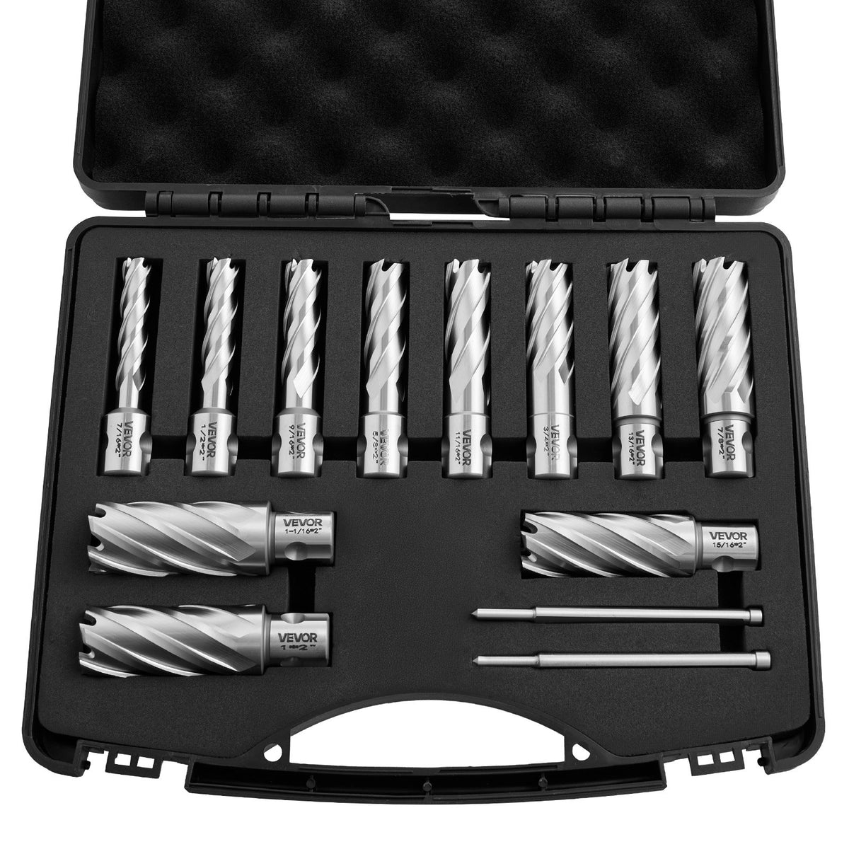 VEVOR gredzenveida urbju komplekts 13 gab., universāls kāts magnētiskajām urbjmašīnām, griešanas dziļums 50,8 mm, diametrs 11,11–26,98 mm, HSS, 11 urbji, 2 pilotadatas, plastmasas koferis - ZEMLETES.LV
