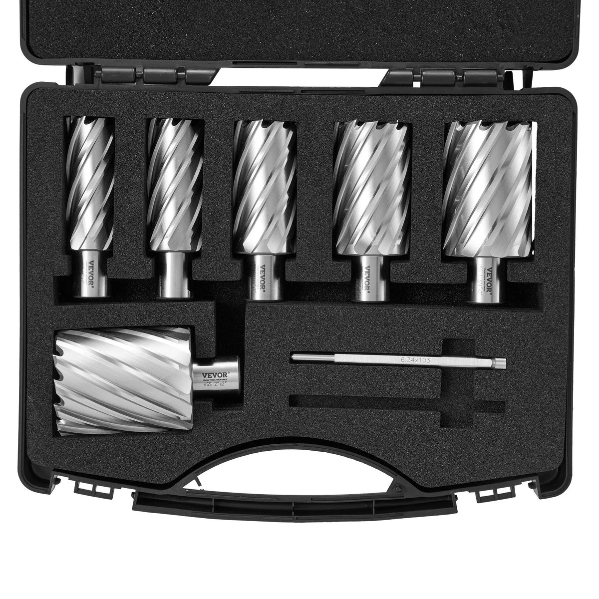 VEVOR Annular Cutter Set, 6 Pieces, Weldon Shank, Cutting Depth 50 mm, Cutting Diameter 25–50 mm, M2AL High-Speed Steel, with 2 Pilot Pins and Portable Case, for Magnetic Drills