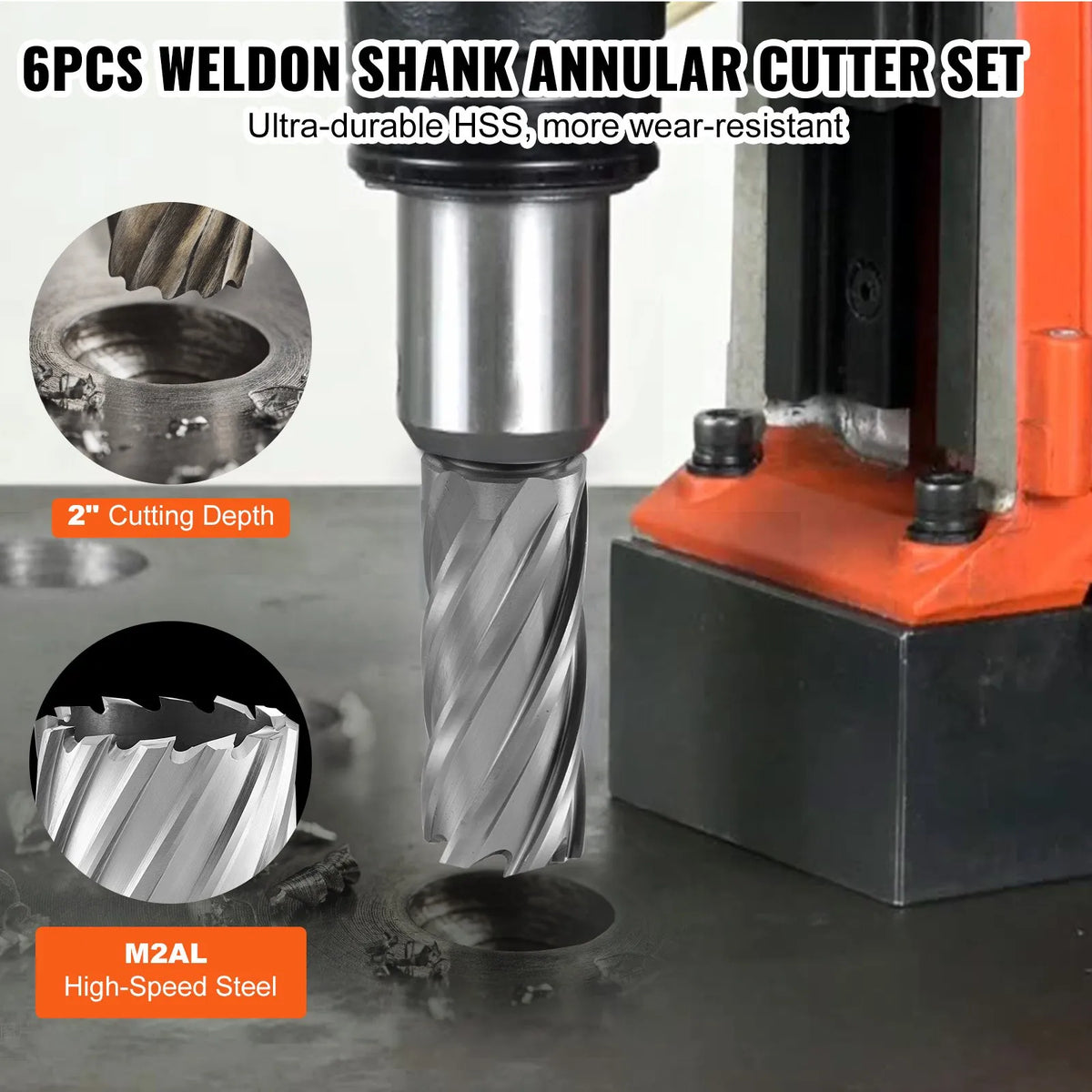 VEVOR Annular Cutter Set, 6 Pieces, Weldon Shank, Cutting Depth 50 mm, Cutting Diameter 25–50 mm, M2AL High-Speed Steel, with 2 Pilot Pins and Portable Case, for Magnetic Drills