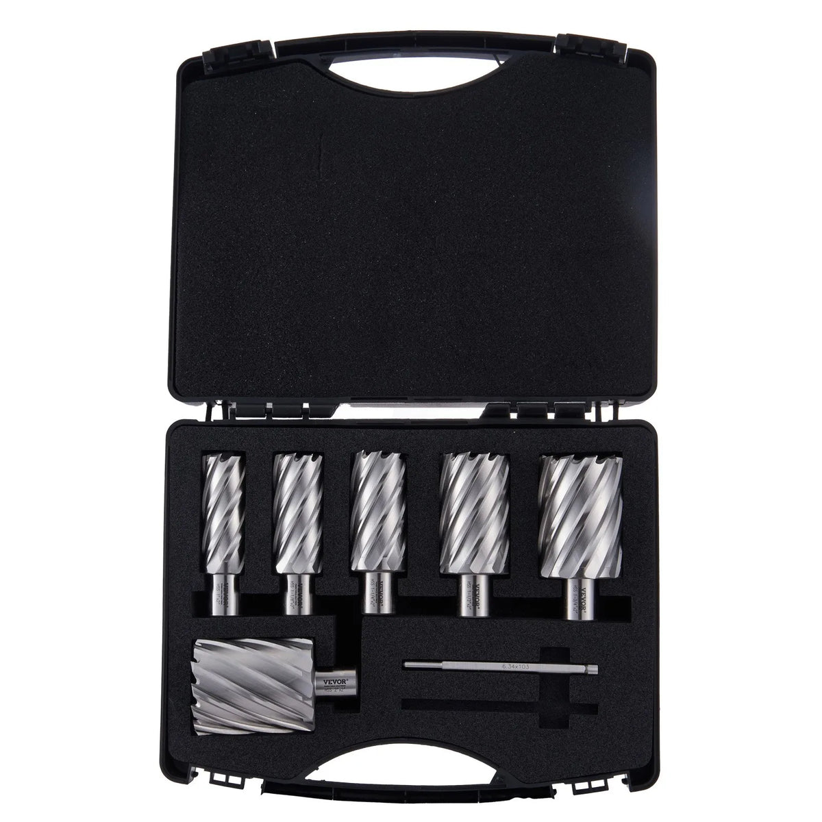 VEVOR Annular Cutter Set, 6 Pieces, Weldon Shank, Cutting Depth 50 mm, Cutting Diameter 25–50 mm, M2AL High-Speed Steel, with 2 Pilot Pins and Portable Case, for Magnetic Drills