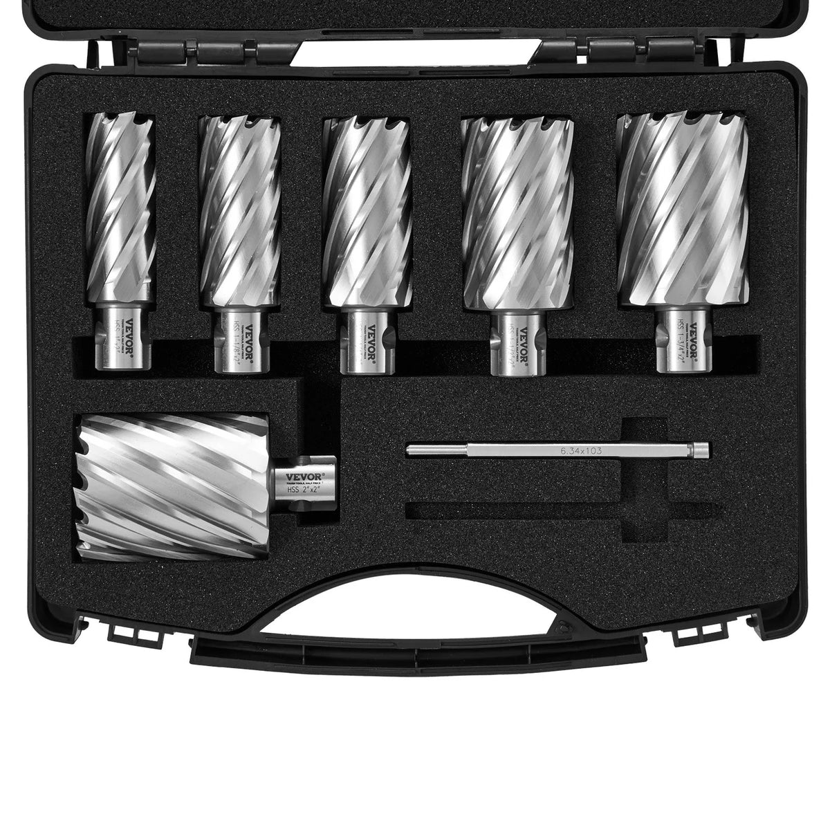 VEVOR Magnetic Drill Bit Set, 6 Pieces, Universal Shank, Cutting Depth 51 mm, Cutting Diameter 25–51 mm, M2AL High-Speed Steel, 2 Pilot Pins and Carrying Case
