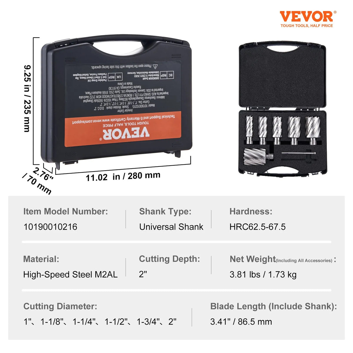 VEVOR Magnetic Drill Bit Set, 6 Pieces, Universal Shank, Cutting Depth 51 mm, Cutting Diameter 25–51 mm, M2AL High-Speed Steel, 2 Pilot Pins and Carrying Case
