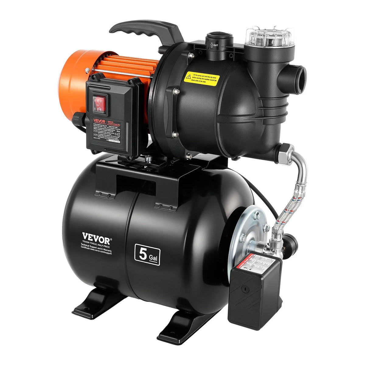 VEVOR virszemes ūdens sūknis ar spiedtvertni 735 W, 3785 l/h, ar filtru un pretvārstu, 19 l tvertne, automātiska ūdens spiediena palielināšanas sistēma, spiediena slēdzis 1,4–2,8 bar, piemērots mājas, dārza un zāliena laistīšanai - ZEMLETES.LV