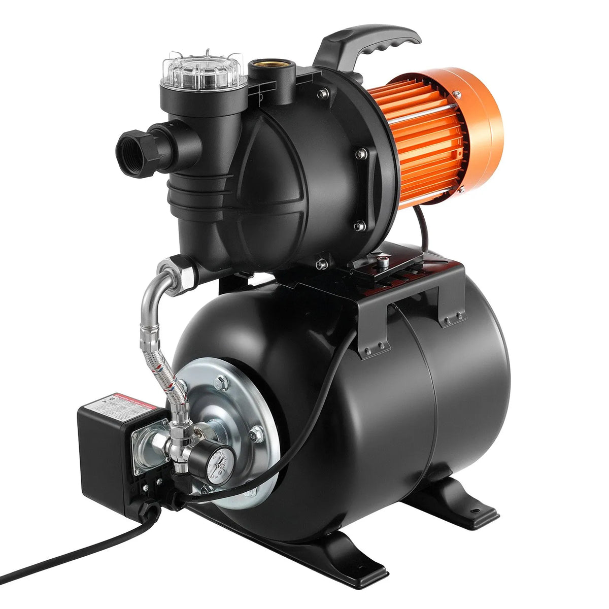 VEVOR virszemes ūdens sūknis ar spiedtvertni 735 W, 3785 l/h, ar filtru un pretvārstu, 19 l tvertne, automātiska ūdens spiediena palielināšanas sistēma, spiediena slēdzis 1,4–2,8 bar, piemērots mājas, dārza un zāliena laistīšanai - ZEMLETES.LV