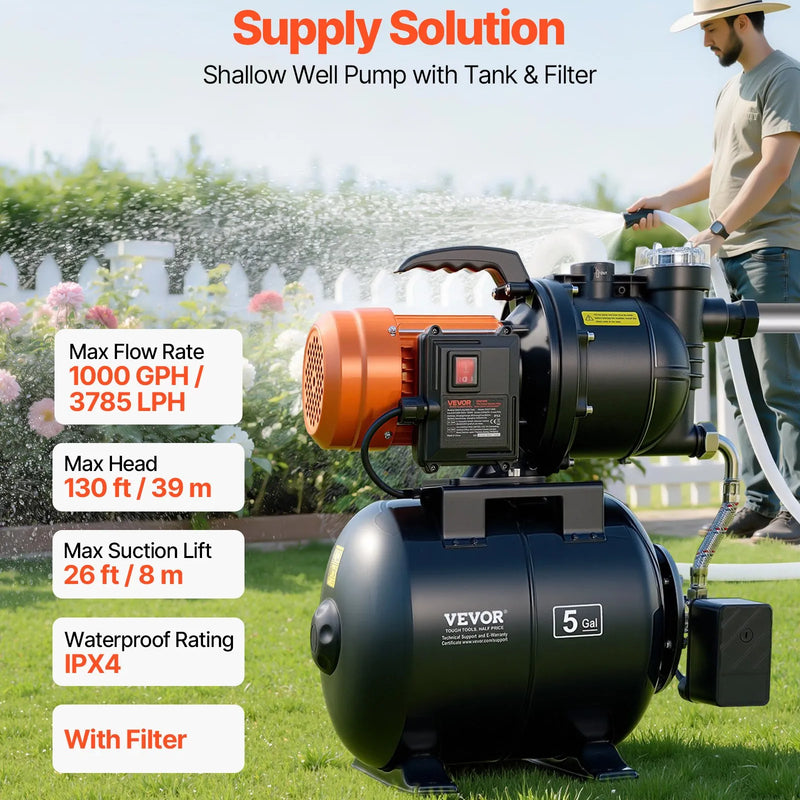 VEVOR virszemes ūdens sūknis ar spiedtvertni 735 W, 3785 l/h, ar filtru un pretvārstu, 19 l tvertne, automātiska ūdens spiediena palielināšanas sistēma, spiediena slēdzis 1,4–2,8 bar, piemērots mājas, dārza un zāliena laistīšanai - ZEMLETES.LV