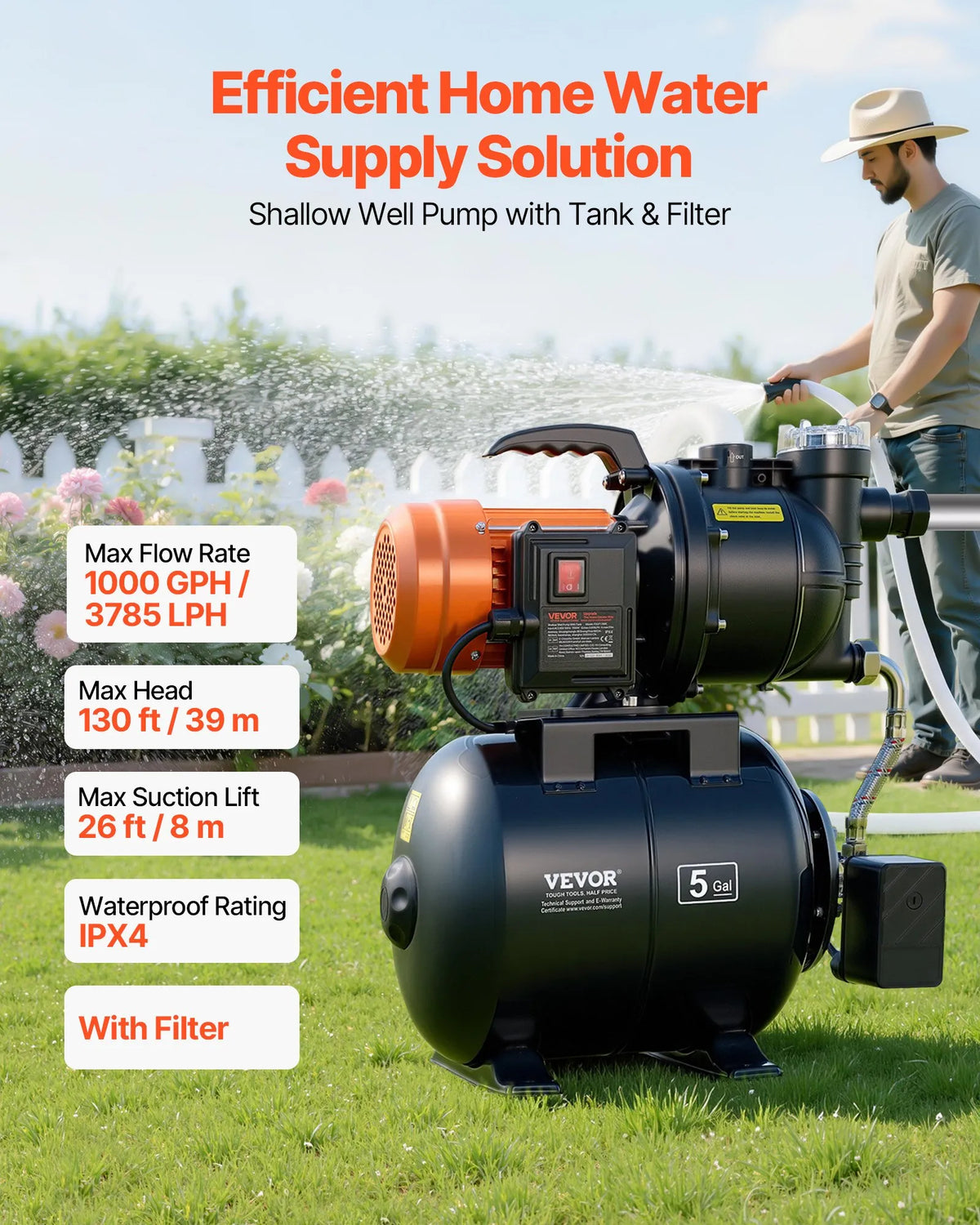 VEVOR virszemes ūdens sūknis ar spiedtvertni 735 W, 3785 l/h, ar filtru un pretvārstu, 19 l tvertne, automātiska ūdens spiediena palielināšanas sistēma, spiediena slēdzis 1,4–2,8 bar, piemērots mājas, dārza un zāliena laistīšanai - ZEMLETES.LV