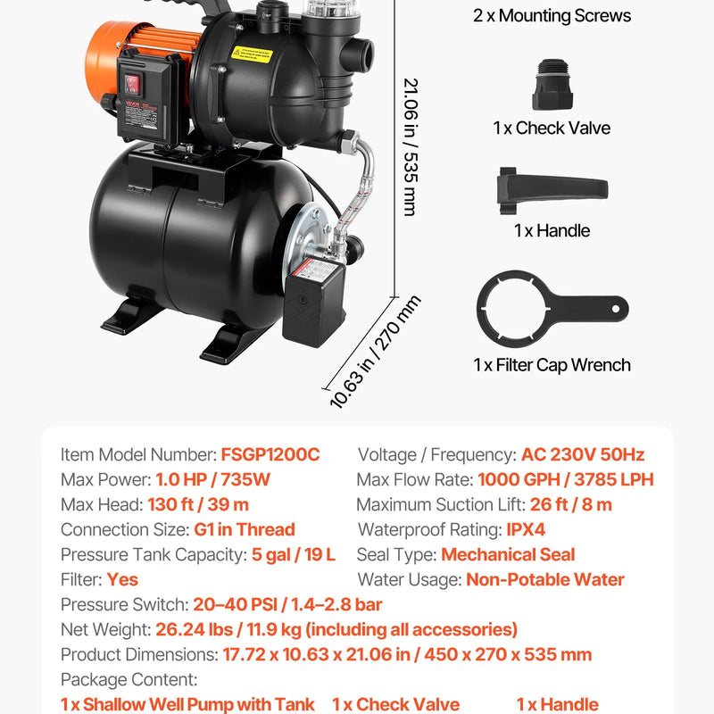 VEVOR virszemes ūdens sūknis ar spiedtvertni 735 W, 3785 l/h, ar filtru un pretvārstu, 19 l tvertne, automātiska ūdens spiediena palielināšanas sistēma, spiediena slēdzis 1,4–2,8 bar, piemērots mājas, dārza un zāliena laistīšanai - ZEMLETES.LV