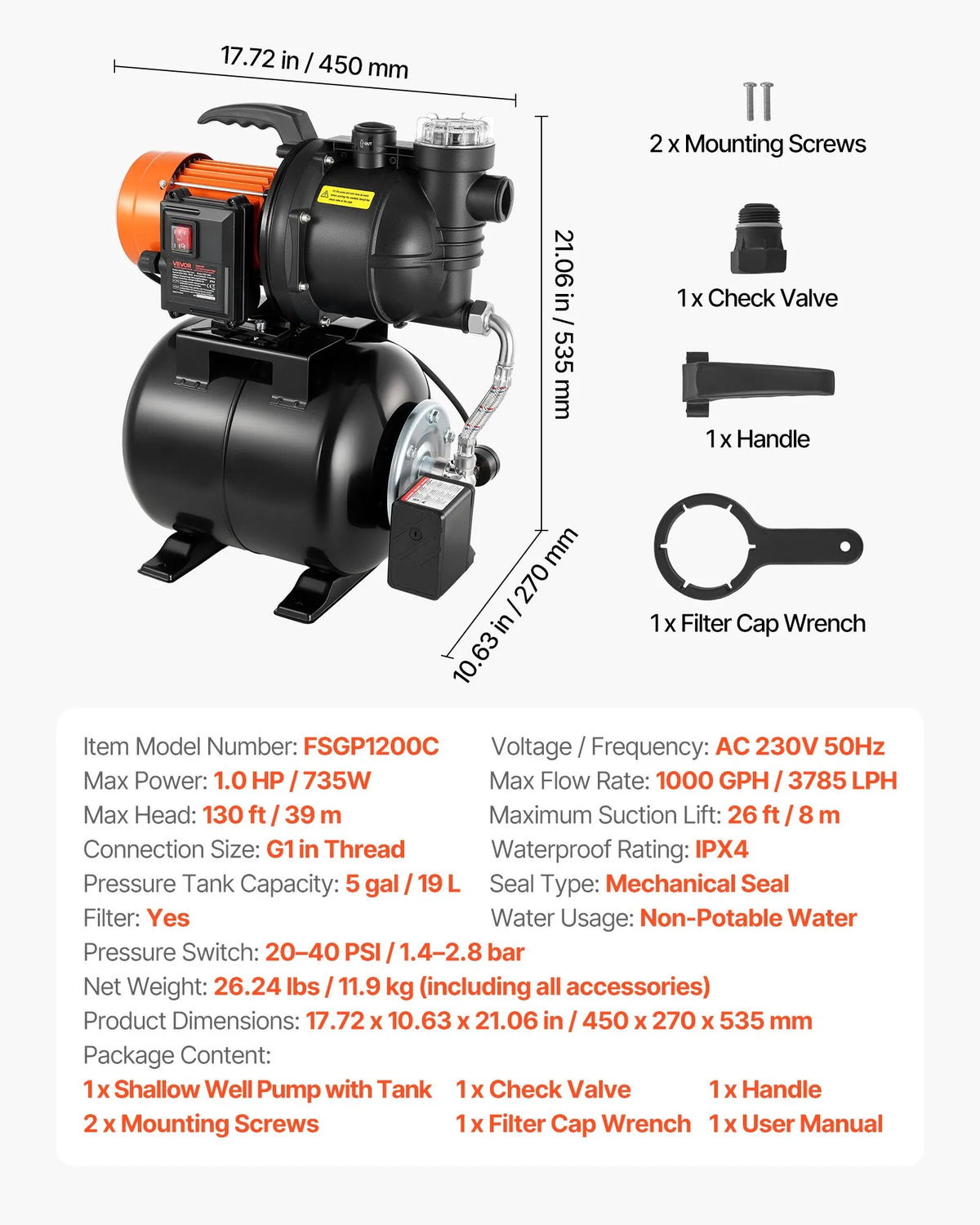 VEVOR virszemes ūdens sūknis ar spiedtvertni 735 W, 3785 l/h, ar filtru un pretvārstu, 19 l tvertne, automātiska ūdens spiediena palielināšanas sistēma, spiediena slēdzis 1,4–2,8 bar, piemērots mājas, dārza un zāliena laistīšanai - ZEMLETES.LV